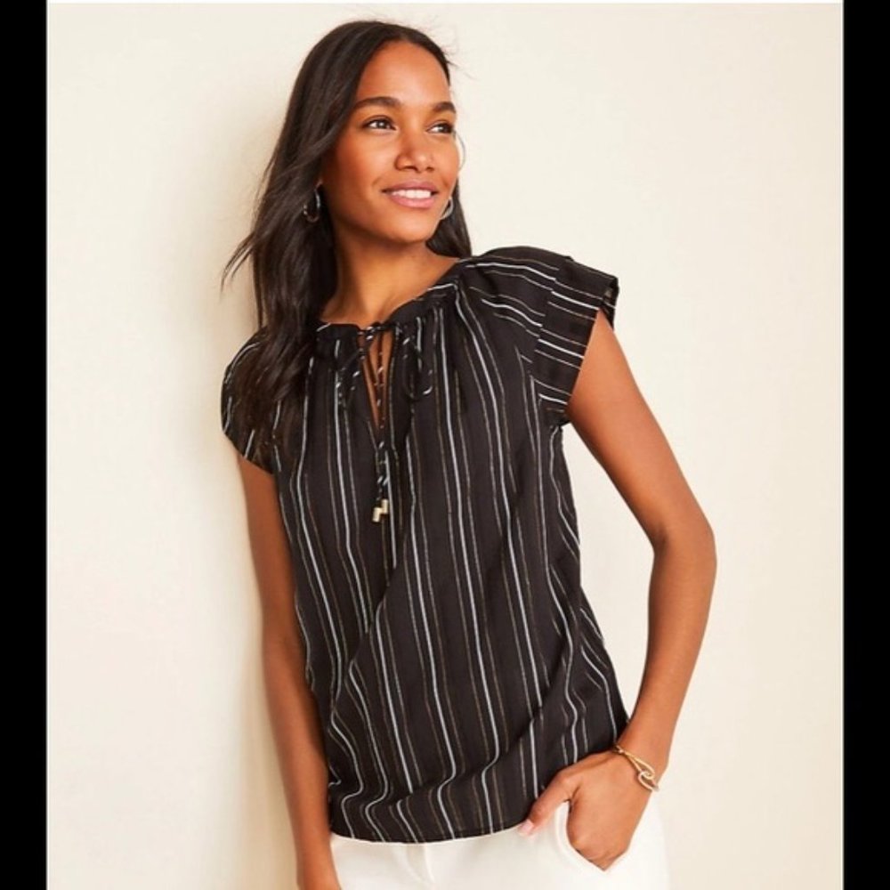 Ann Taylor metallic stripe ruffle top NWOT